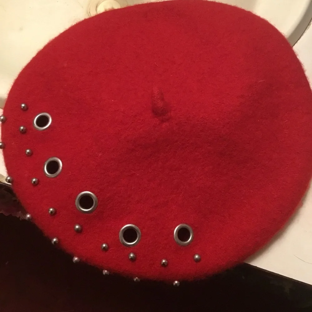 Red Studded Wool Beret hat